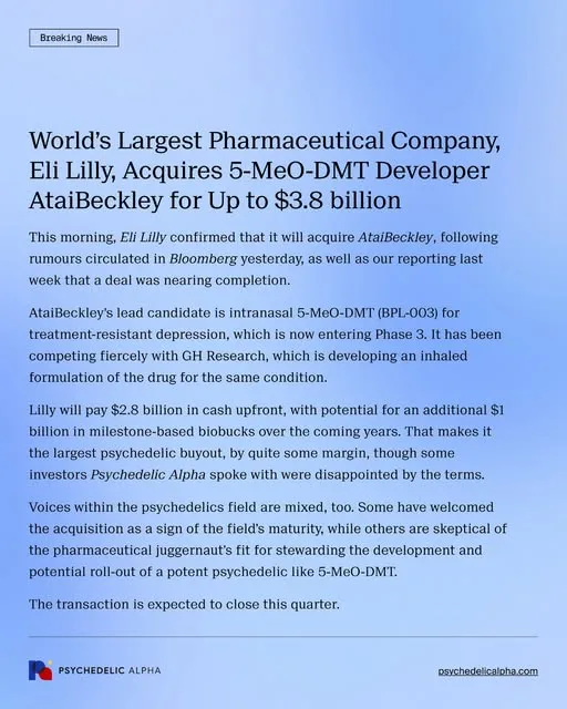World’s Largest Pharmaceutical Company, Eli Lilly, Acquires 5-MeO-DMT Developer AtaiBeckley for Up to $3.8 billion